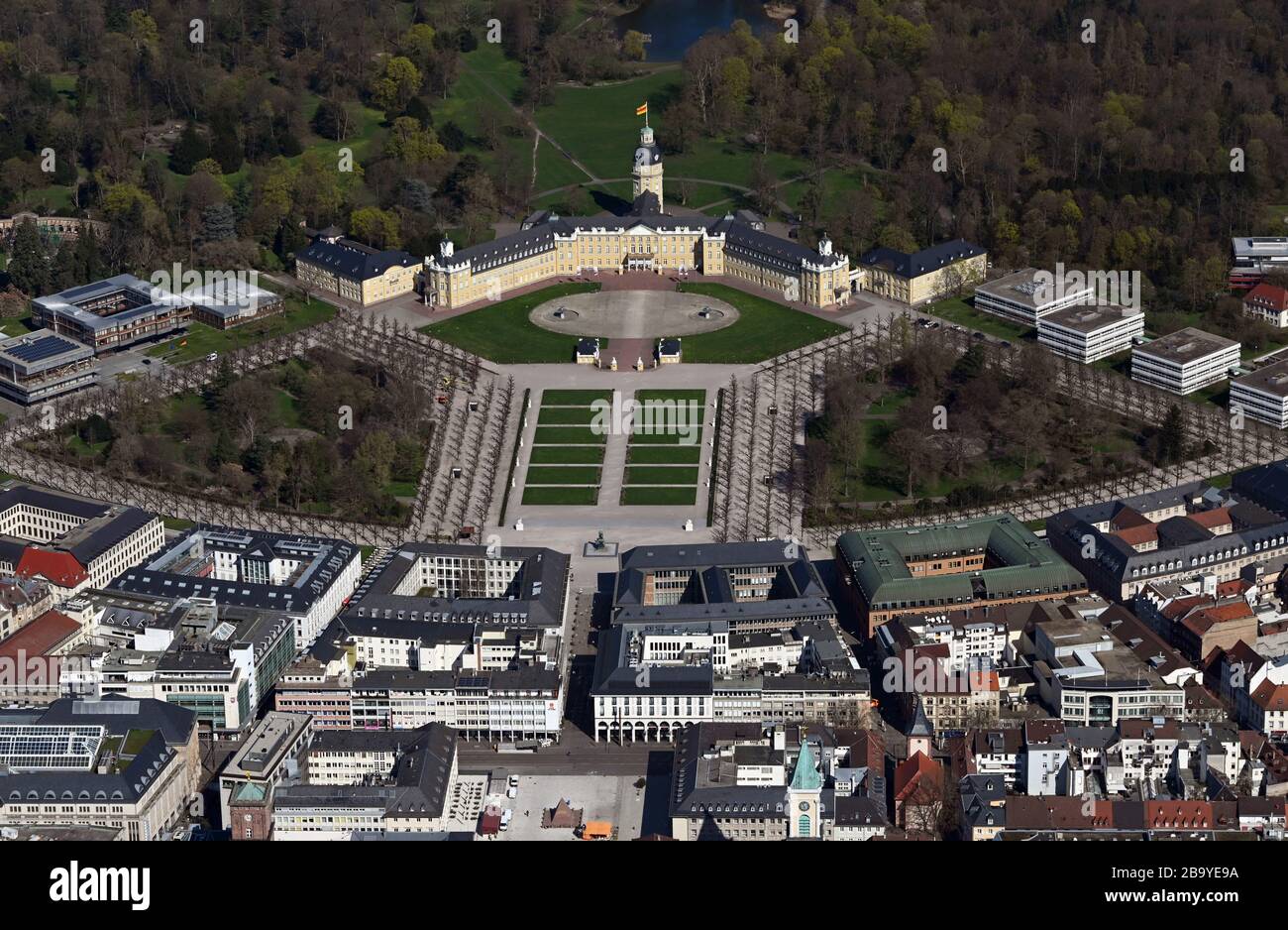Karlsruhe, Germany. 24th Mar, 2020. Aerial view, taken from a plane, of the city center of Karlsruhe with the castle. Credit: Uli Deck/dpa/Alamy Live News Stock Photo