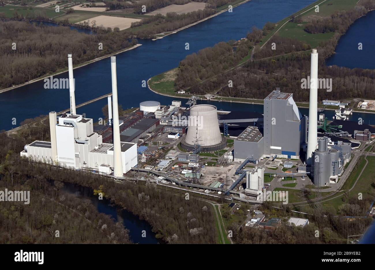 Karlsruhe, Germany. 24th Mar, 2020. Aerial view, taken from an airplane, of the Rhine harbour steam power station of the energy supplier EnBW. Credit: Uli Deck/dpa/Alamy Live News Stock Photo