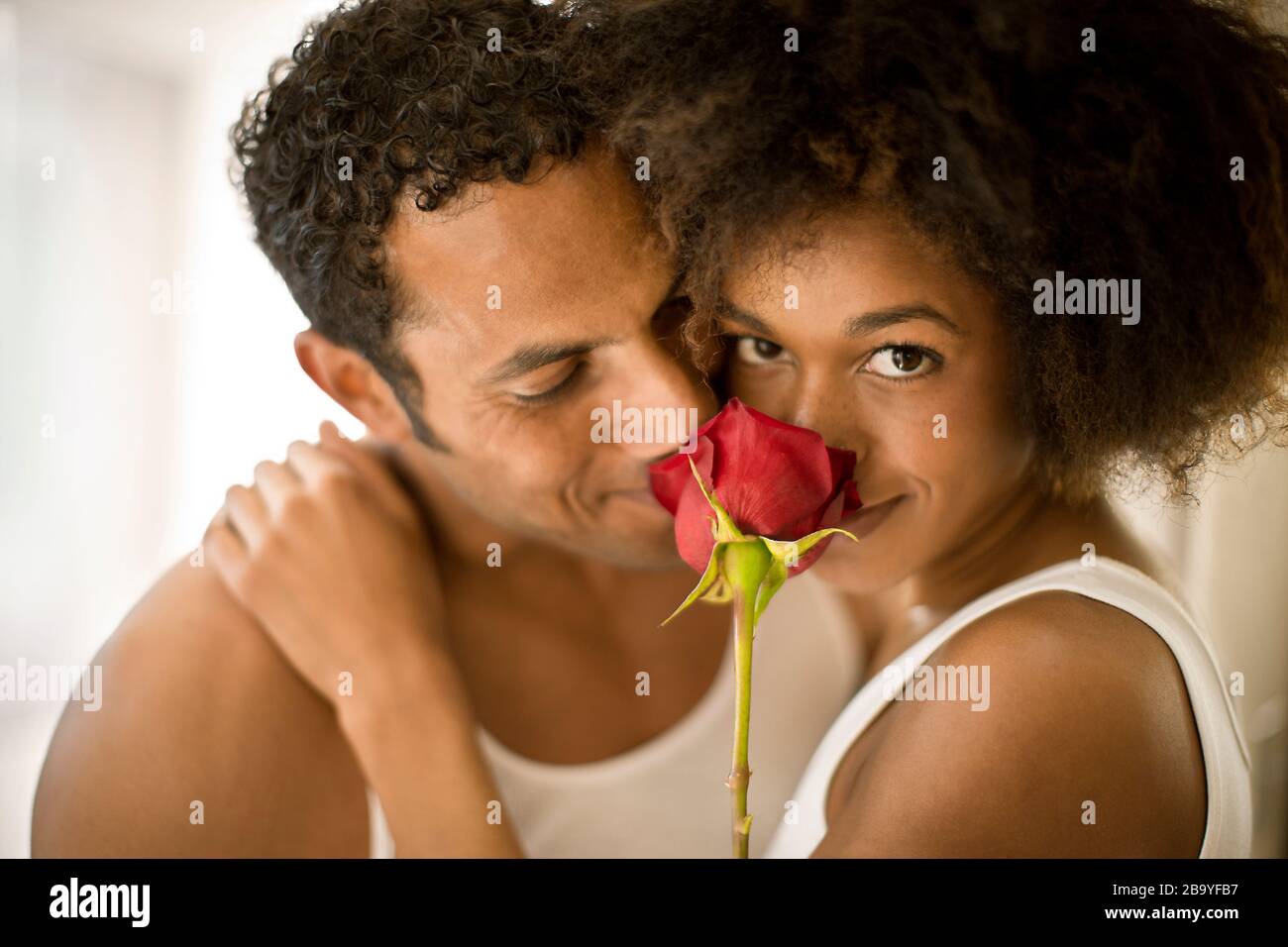 Affectionate couple smelling the rose together. Stock Photo