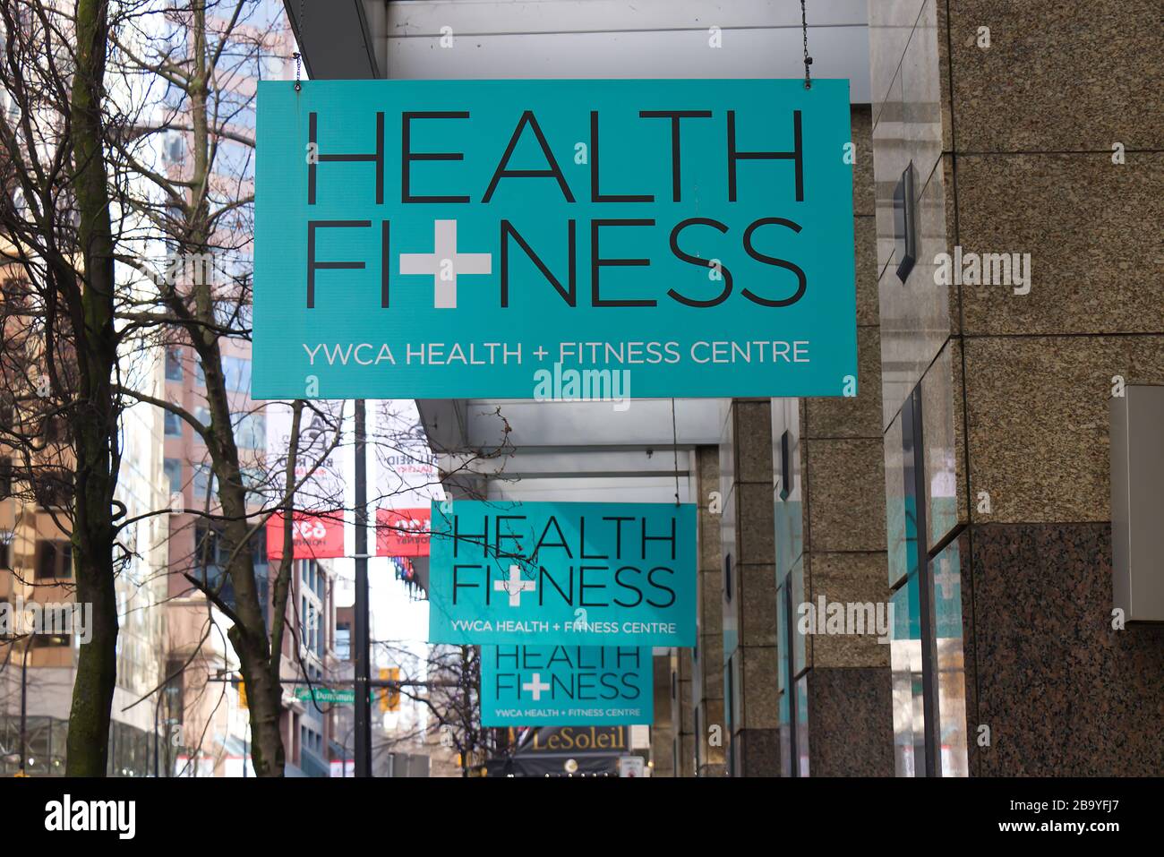 Vancouver, Canada - February 29, 2020: View of blue sign 'YWCA Health + Fitness Centre' in Downtown Vancouver Stock Photo