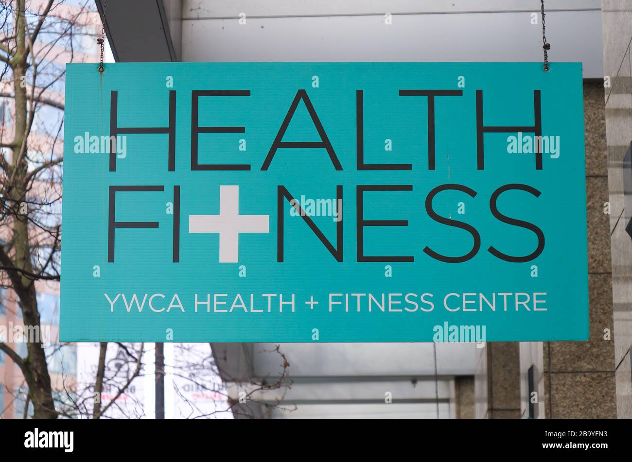 Vancouver, Canada - February 29, 2020: View of blue sign 'YWCA Health + Fitness Centre' in Downtown Vancouver Stock Photo