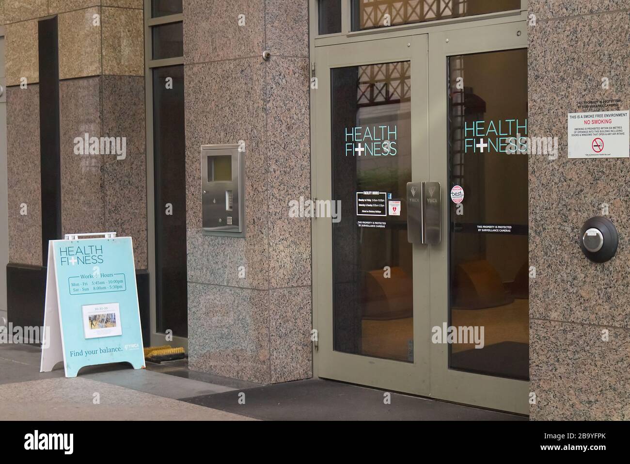 Vancouver, Canada - February 29, 2020: Close up View of entrance 'YWCA Health + Fitness Centre' in Downtown Vancouver Stock Photo