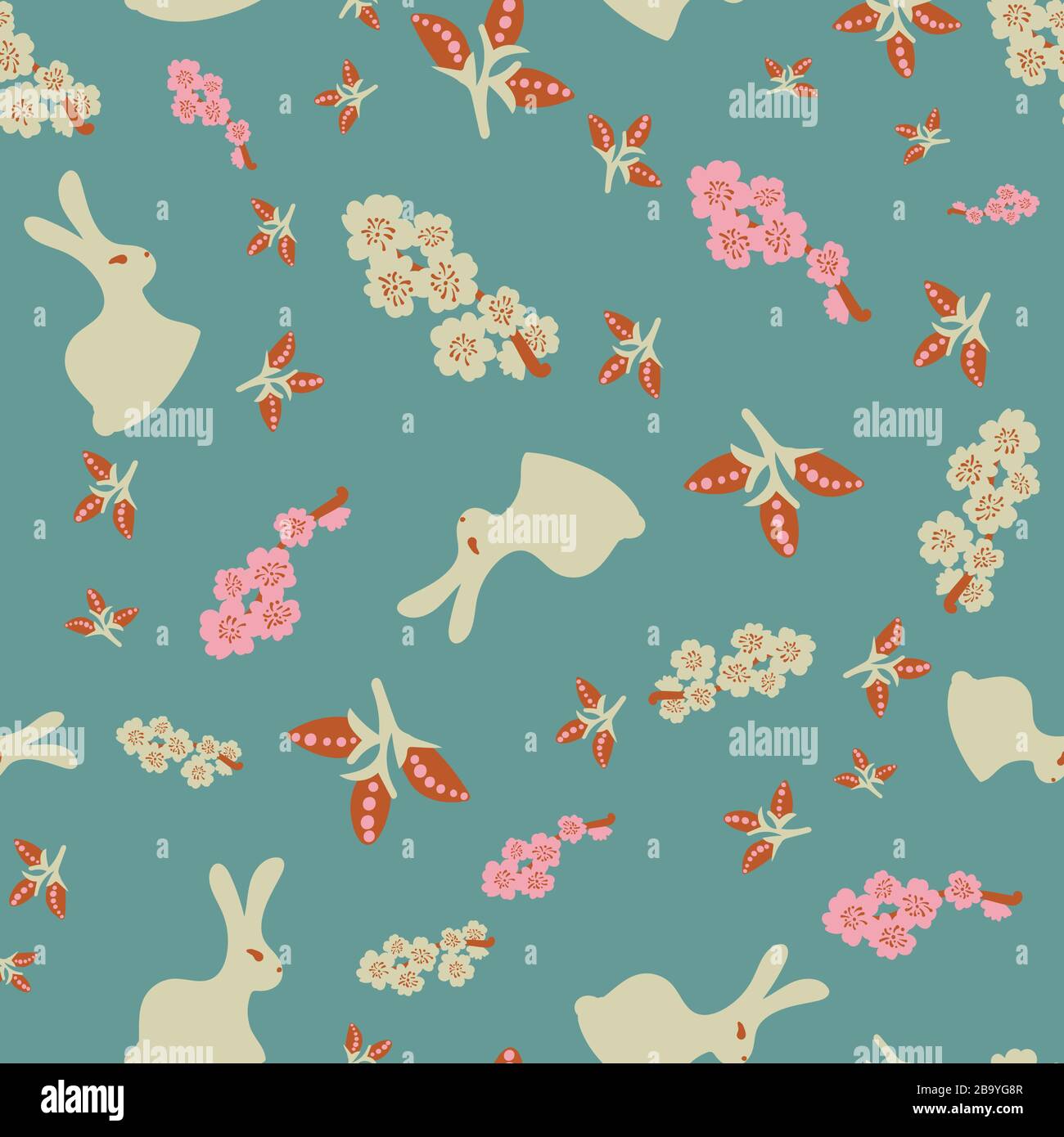 bunnies and spring flora seamless vector pattern Stock Vector