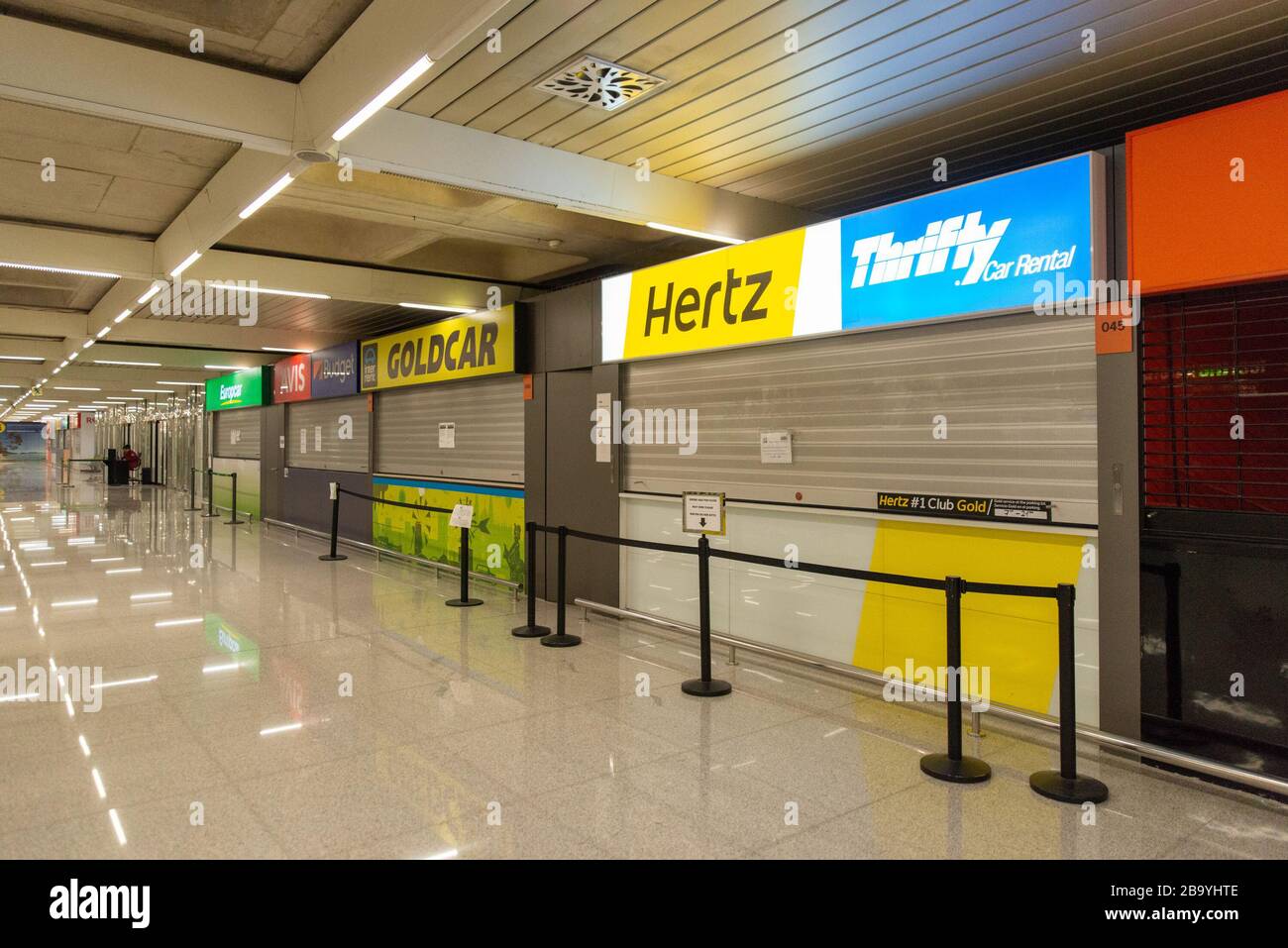 General overall view of closed Hertz and Thrifty rental car counters at  Palma de Mallorca Airport (PMI) amid the global coronavirus COVID-19  pandemic, Tuesday, March 24, 2020, in Palma de Malloca, Spain. (