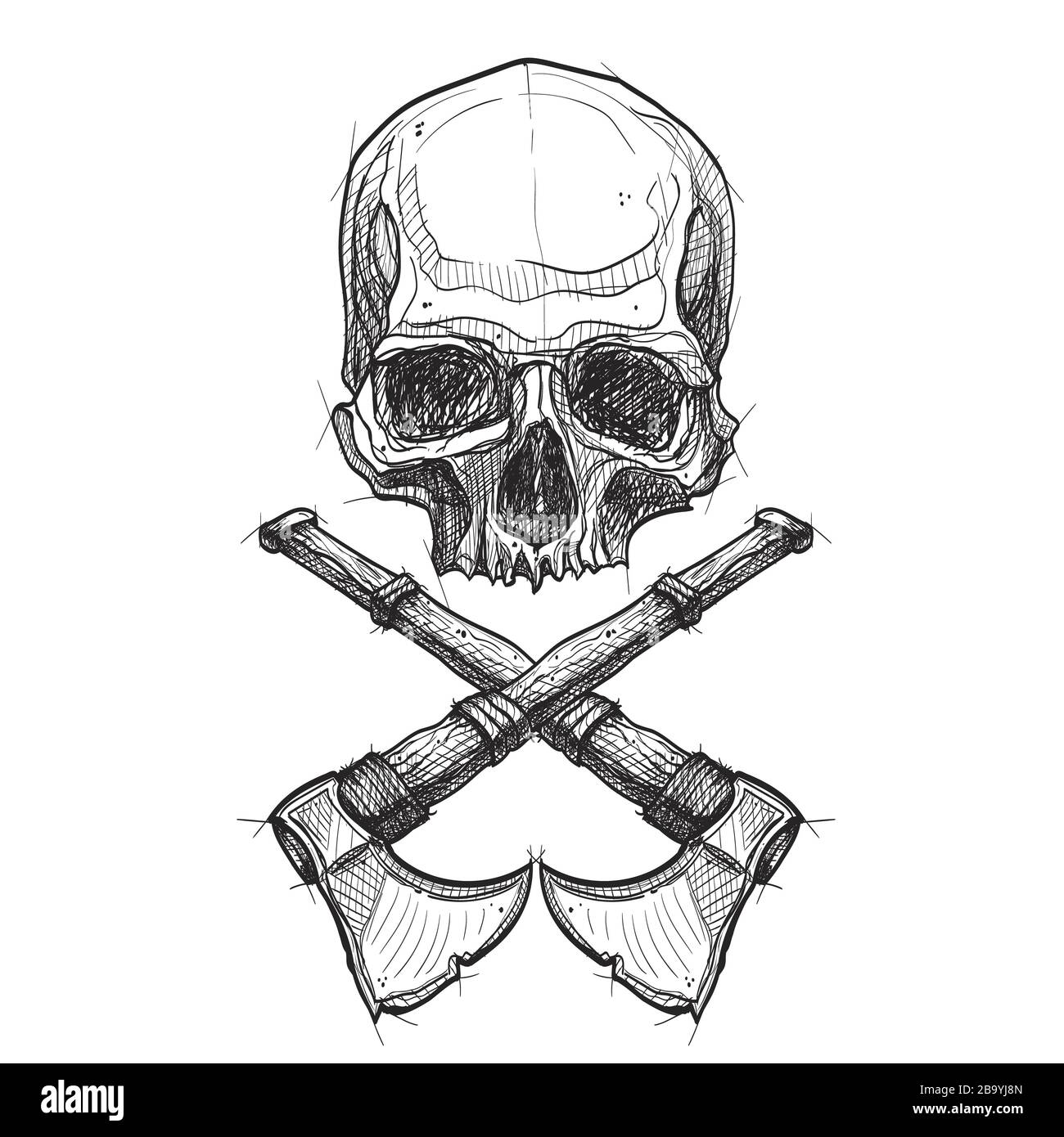 Skull with axes in sketch style Stock Photo