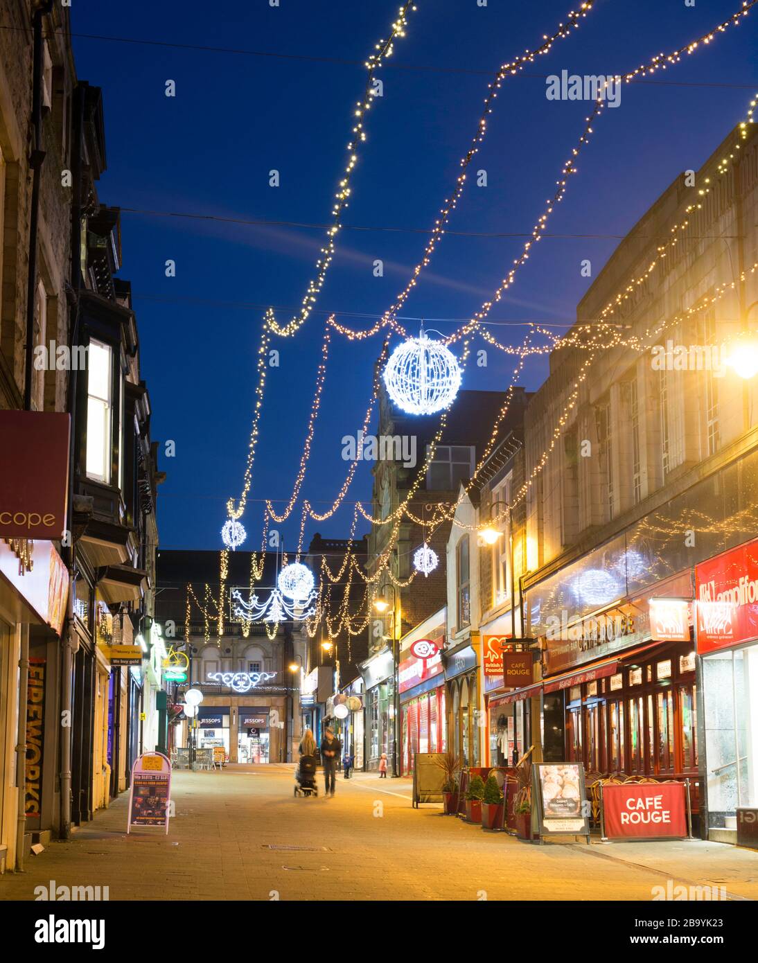 Night view of Christmas decorations and lights at Beulah Street in Harrogate, North Yorkshire