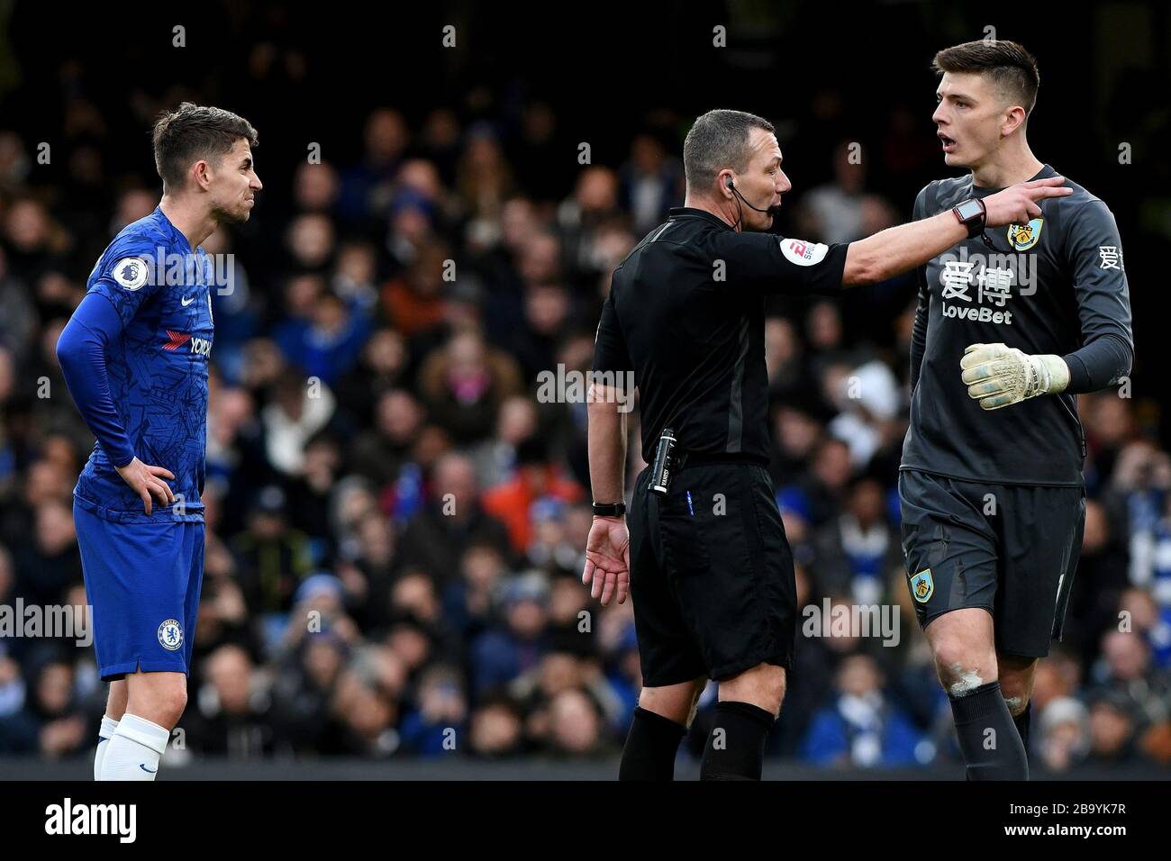 Jorginho of Chelsea prepares to take a penalty as Referee, Kevin Friend orders Nick Pope of Burnley back to the goal   - Chelsea v Burnley, Premier League, Stamford Bridge, London, UK - 11th January 2020  Editorial Use Only - DataCo restrictions apply Stock Photo