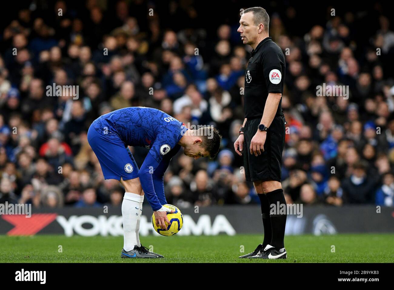 Jorginho of Chelsea prepares to take a penalty as Referee,   Kevin Friend looks on - Chelsea v Burnley, Premier League, Stamford Bridge, London, UK - 11th January 2020  Editorial Use Only - DataCo restrictions apply Stock Photo