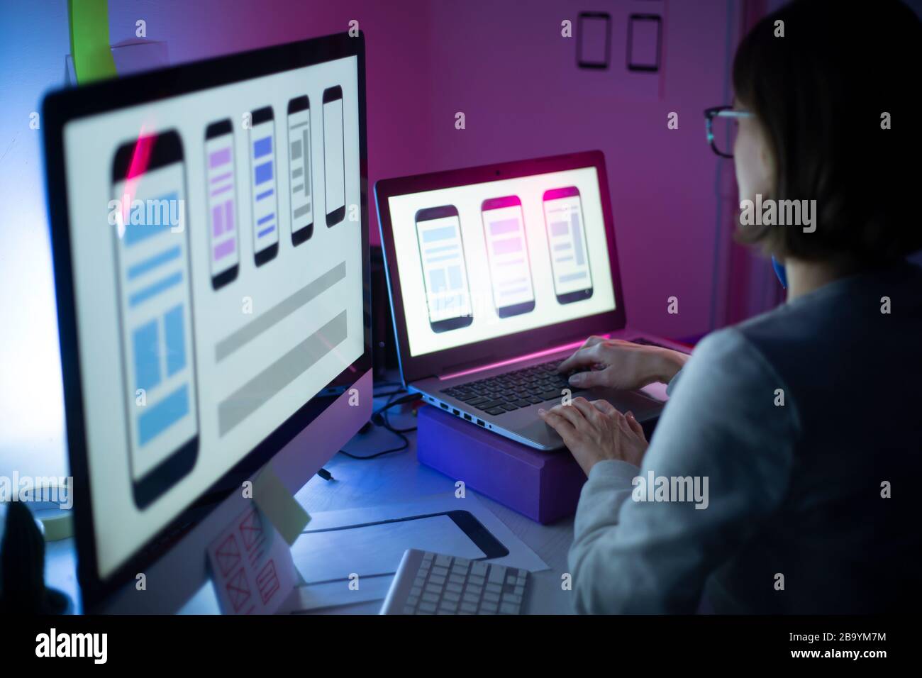 Web design mobile app interface. Desktop engineer application developer for smartphone. User experience. Stock Photo