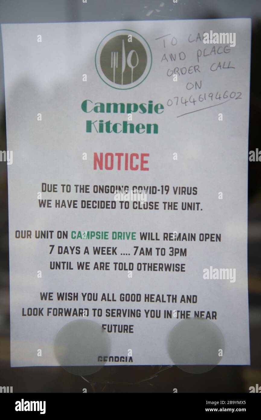 Glasgow, UK. 25th Mar, 2020. Pictured: Sign on the window at Campsie Catering which sells food for the taxi drivers eat Glasgow Airport. Sign said: “Due to the ongoing covid-19 virus we have decided to close the unit. Our Unit on Campsie drive will remain open 7 days a week … 7am to 3pm until we are told otherwise. We wish you all good health and look forward to serving you in the near future.” Credit: Colin Fisher/Alamy Live News Stock Photo