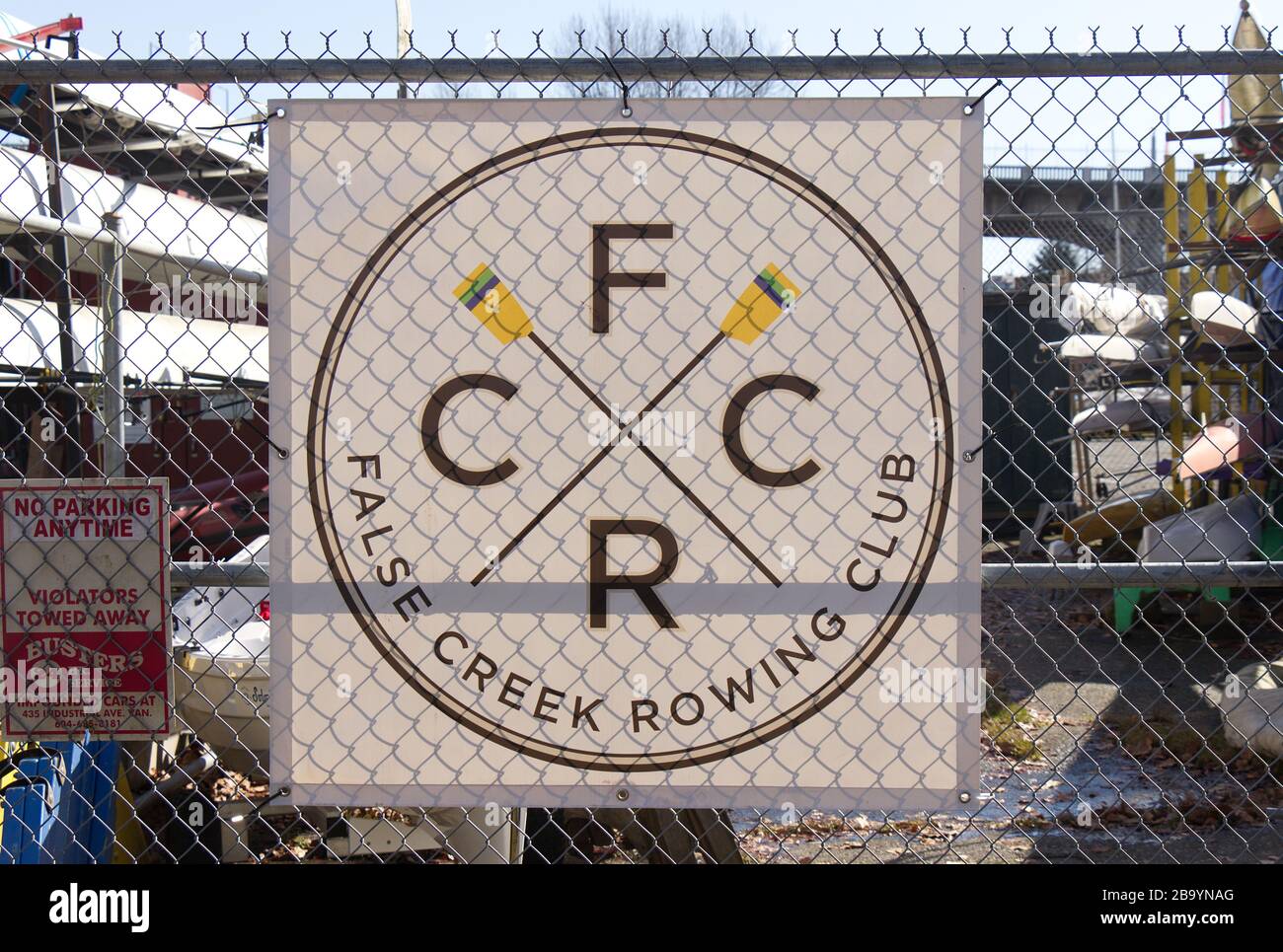 Vancouver, Canada - February 29, 2020: View of sign on the fence False Creek Rowing Club Stock Photo