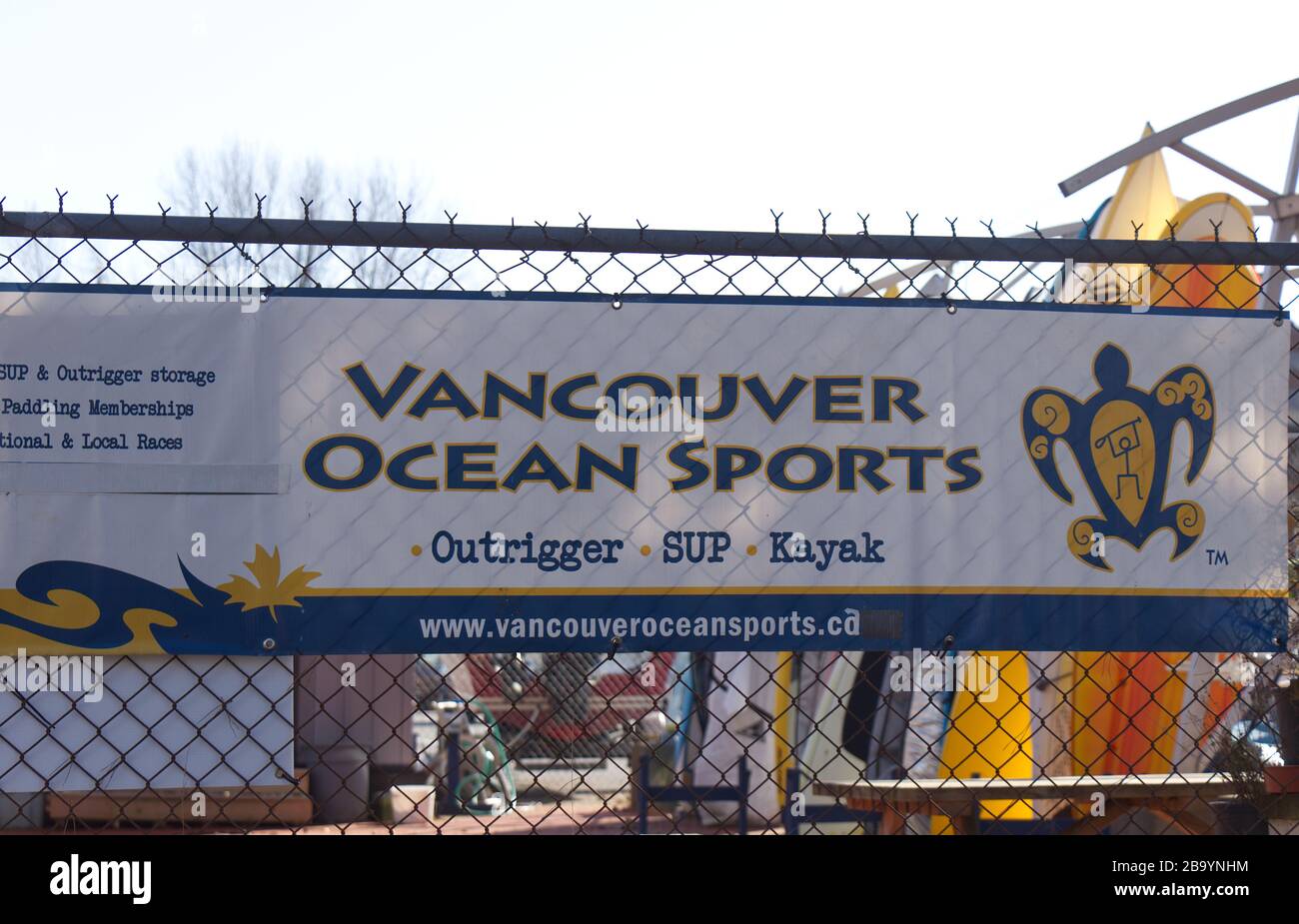 Vancouver, Canada - February 29, 2020: View of sign on the fence Vancouver Ocean Sports Club Stock Photo