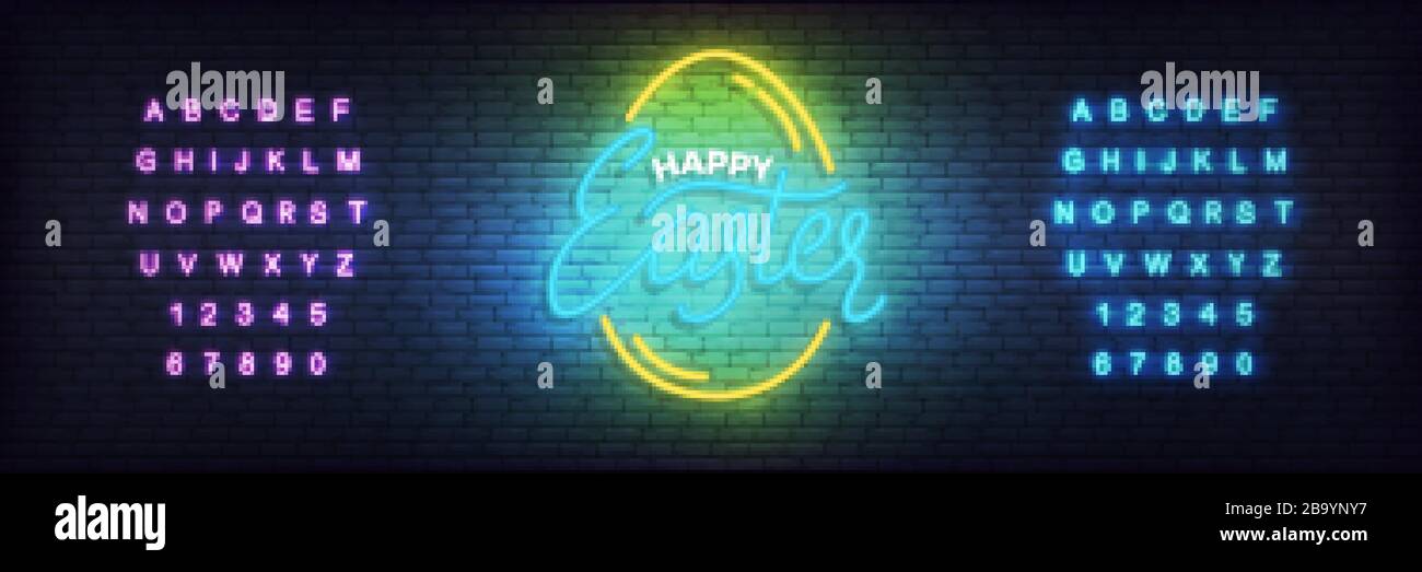 Easter neon template. Glowing label for Easter and alphabet Stock Vector