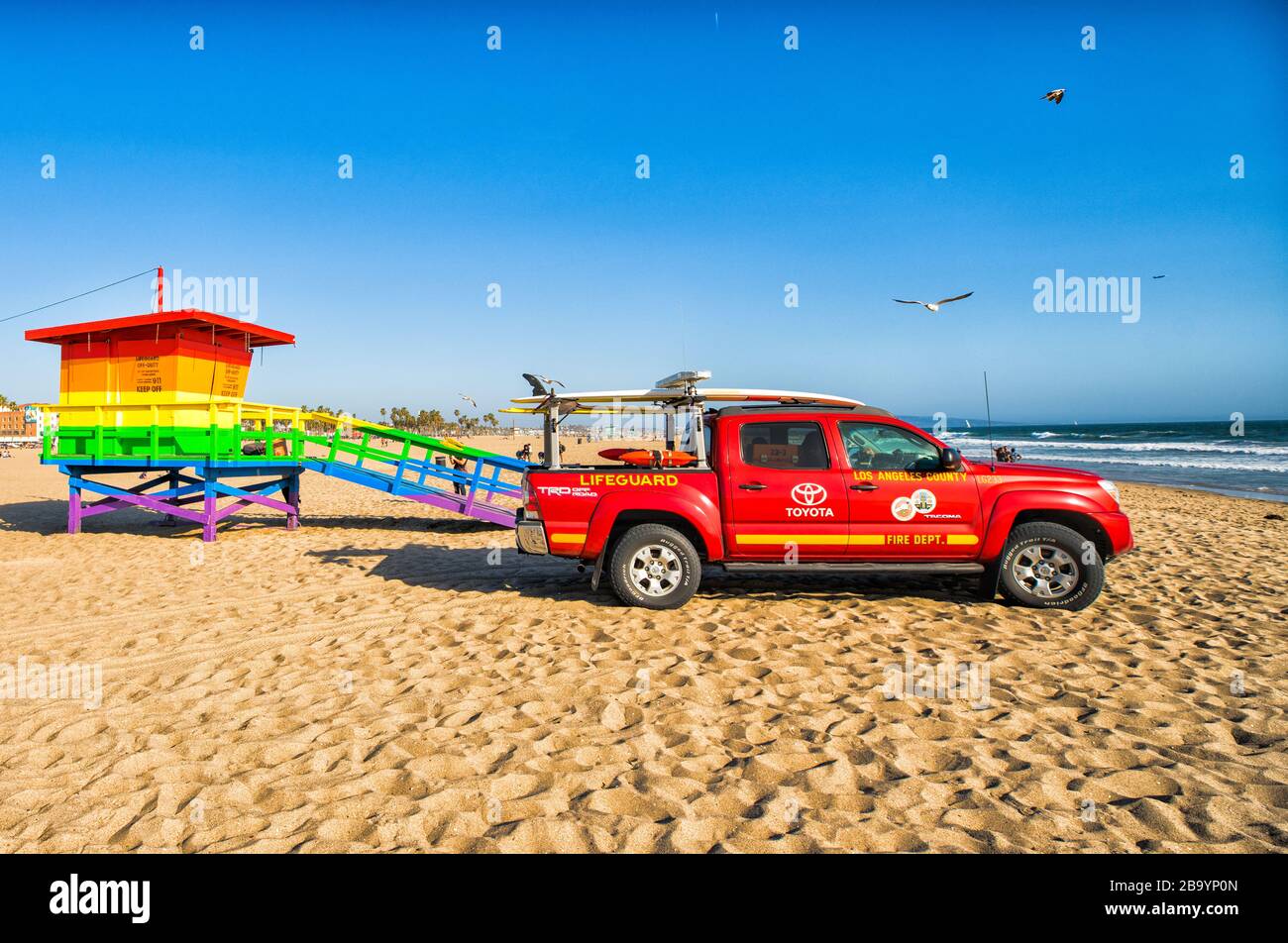 Venice Pride Lifeguard station and car at Los angeles - Venice Beach Stock Photo