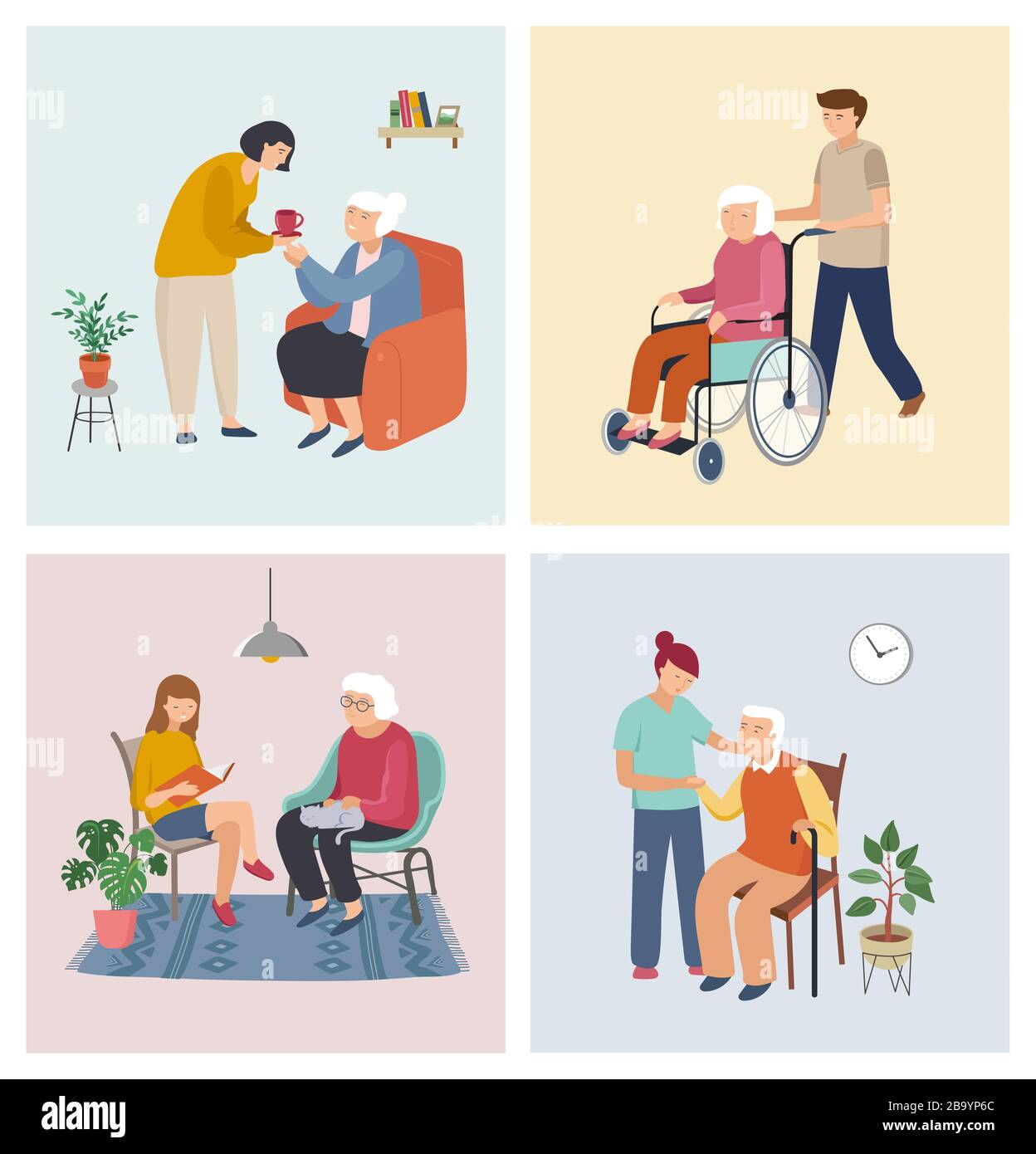 Volunteers series - young people taking care of seniors people. Helping with household chores, walking, reading books, bringing the grocery, pushing Stock Vector