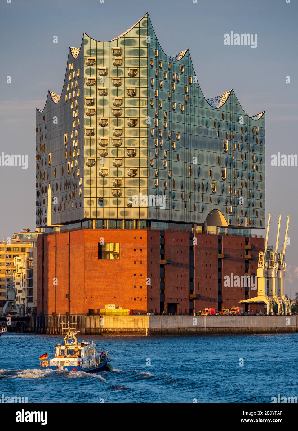 River Elbe Hamburg Police Boat Elbphilharmonie  Hamburg - Elbe Philharmonic Hall - Elbi - Hamburg Concert Hall  - architect Herzog & De Meuron - 2017. Stock Photo