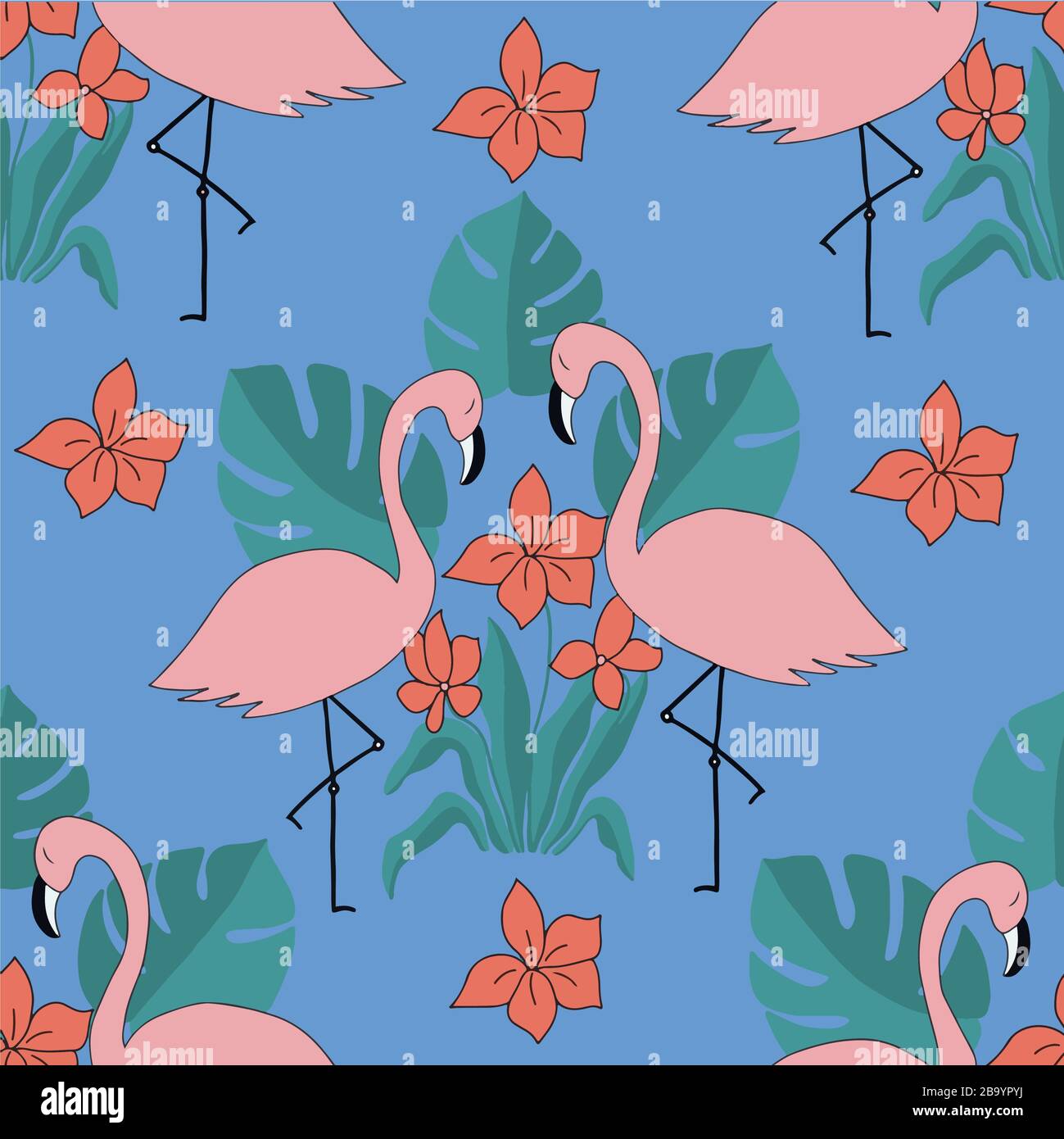 Seamless pattern with the image of pink flamingos, red flowers and leaves on a blue background. For the design of wallpapers, textiles, phone covers Stock Vector