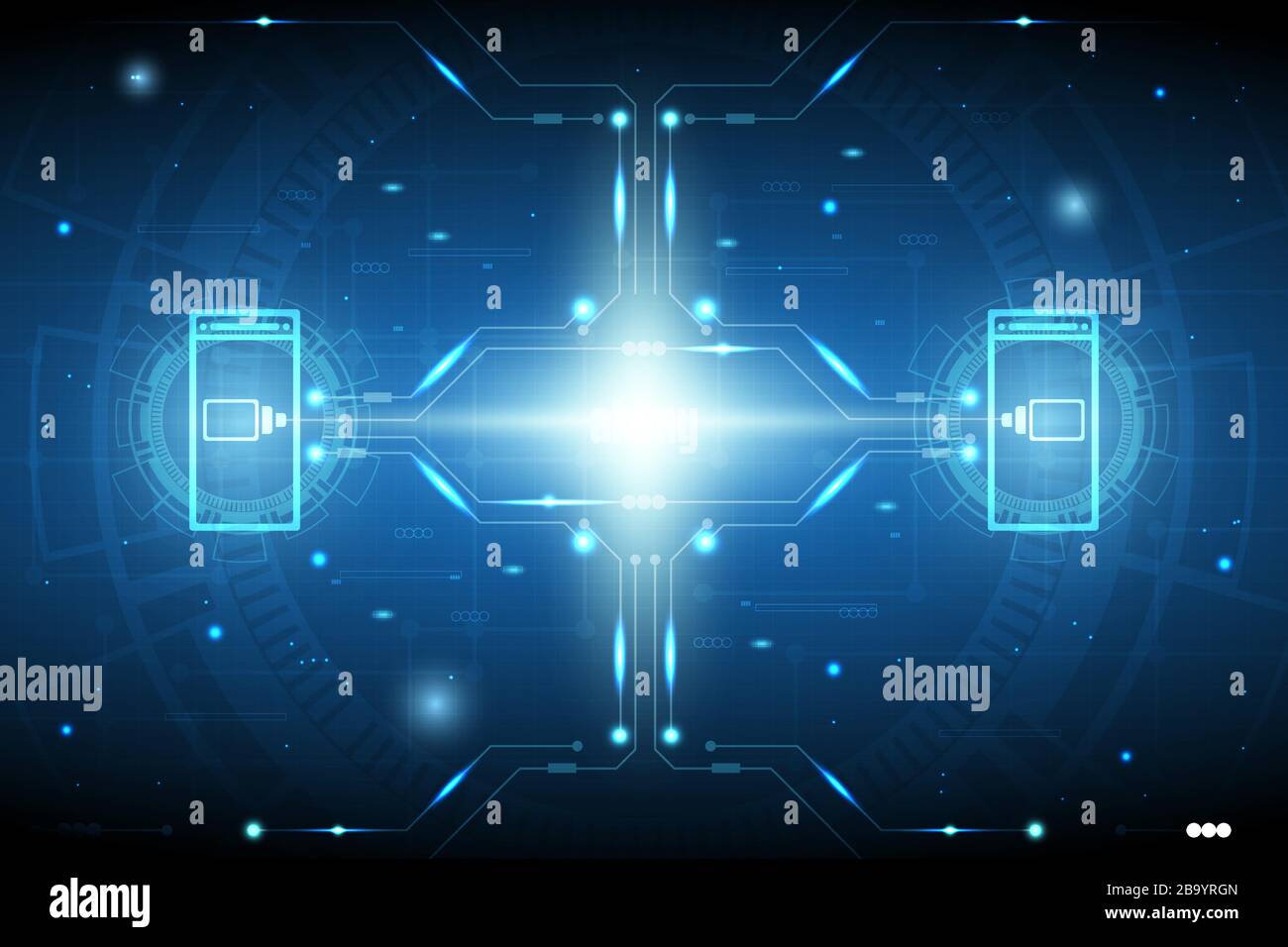Concept technology background with glowing mobile phone and battery icon, circuit pattern and sparkle effect. Stock Vector
