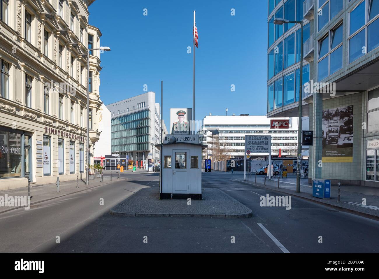 Checkpoint Charlie, one of Berlin's main tourist attractions, deserted during lockdown in the corona crisis Stock Photo