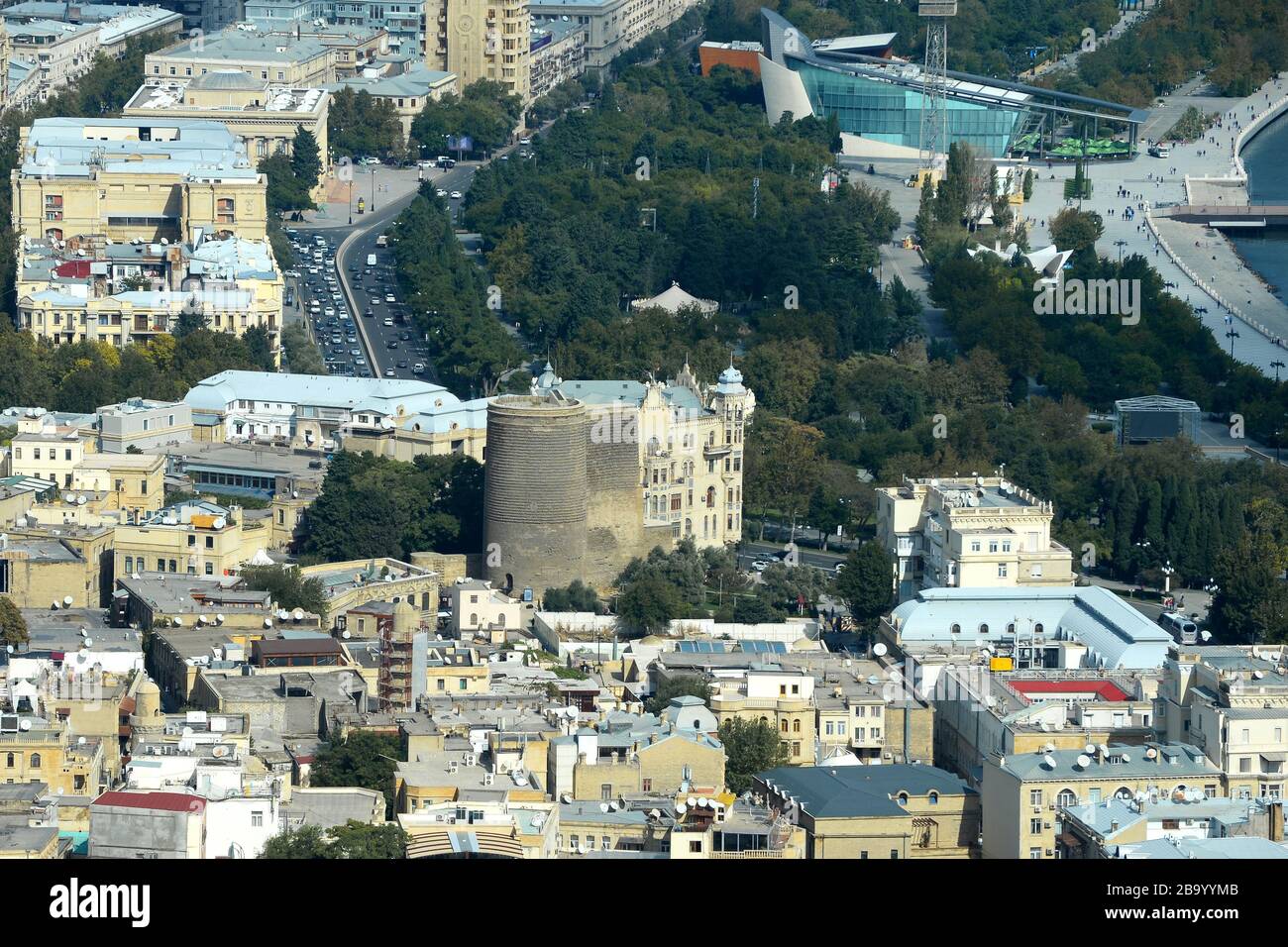 Aerial view of Baku, Azerbaijan in the Caucasus Region. Baku old downtown with the Maiden Tower visible in the Walled City. Stock Photo