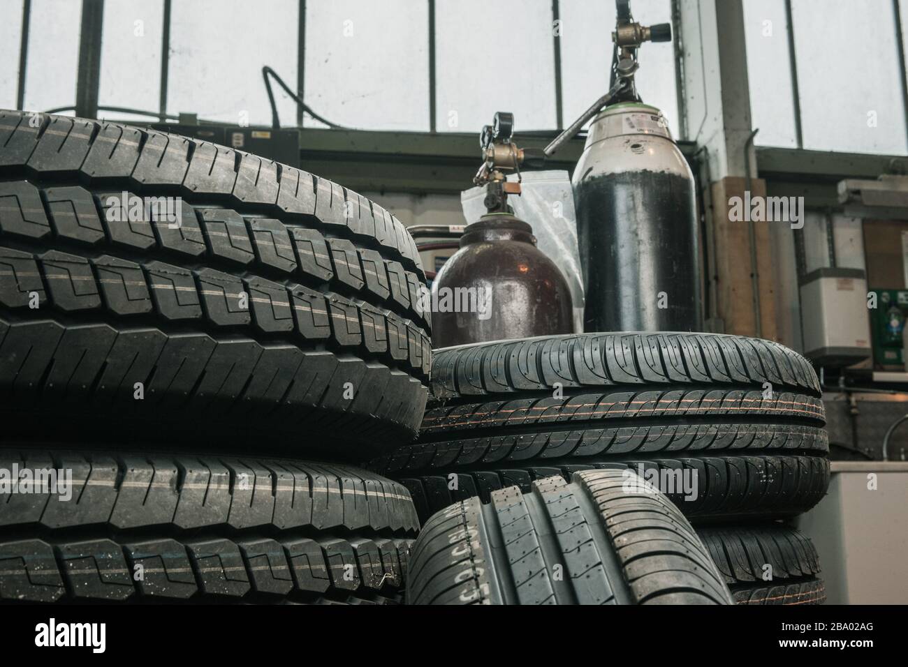 Tyres in garage workshop Stock Photo