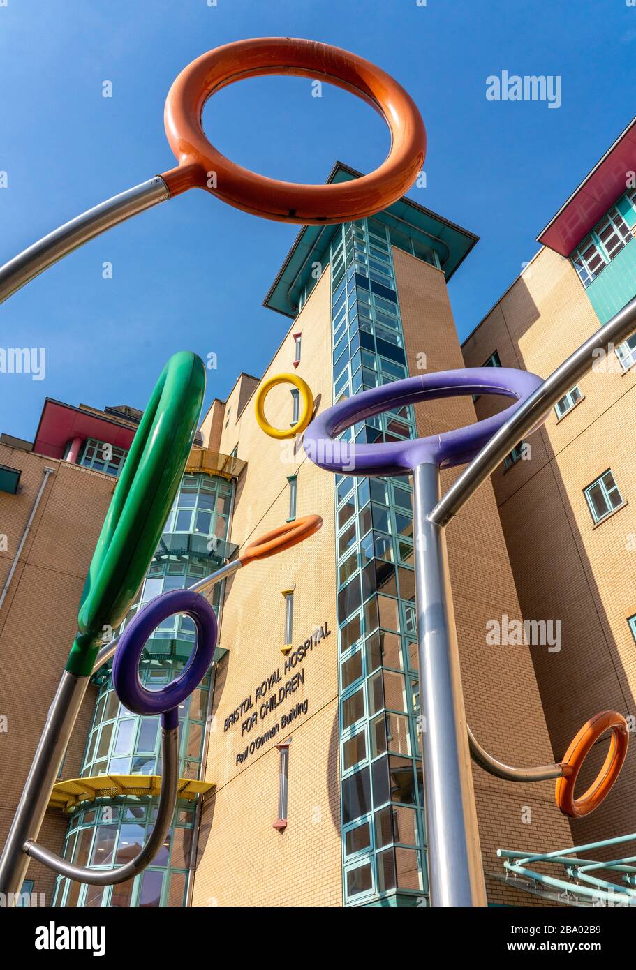 Bristol Royal Hospital for Children and Lollipop Be-Bop sculpture on Upper Maudlin Street in the centre of Bristol UK Stock Photo