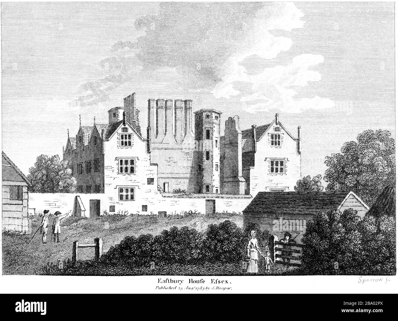 An engraving of Eastbury House (Eastbury Manor House) Essex 1783 scanned at high res from a book published around 1786. Believed copyright free. Stock Photo