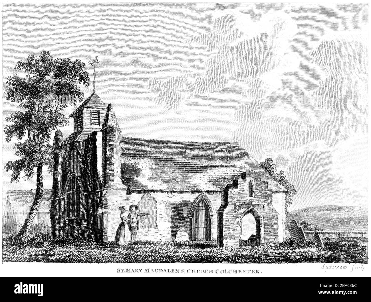 An engraving of St Mary Magdalens Church Colchester scanned at high resolution from a book published around 1786.  Believed copyright free. Stock Photo