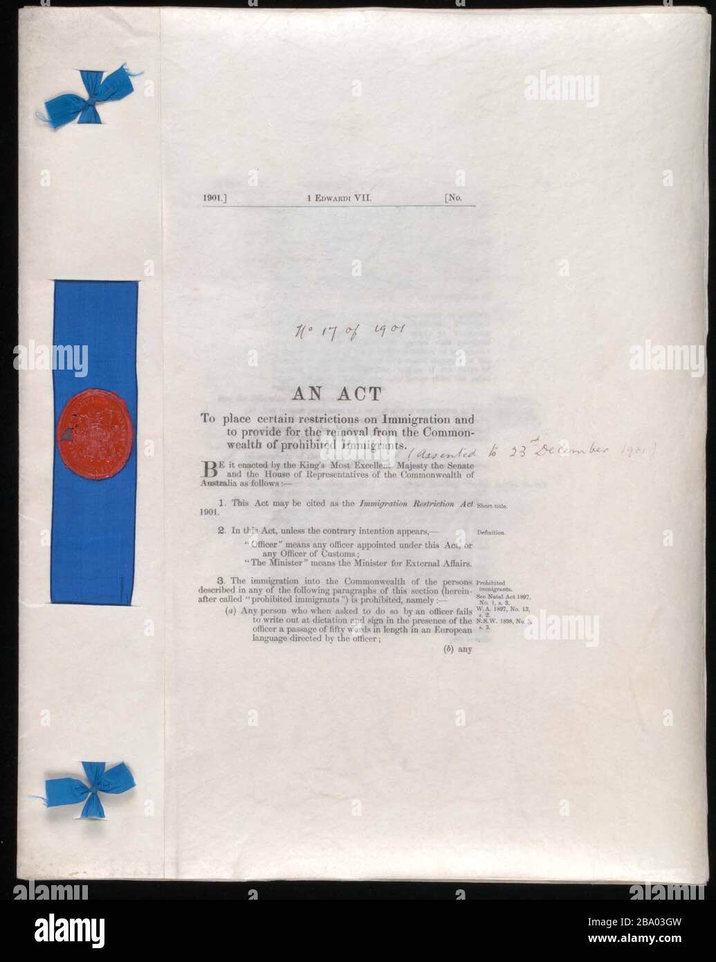 'English: An Act to place certain restrictions on Immigration and to provide for the removal from the Commonwealth of prohibited Immigrants - [Immigration Restriction Act 1901] Series number = A1559 Barcode =11421113; 1901; National Archives of Australia - series number A1559; Parliament of Australia; ' Stock Photo