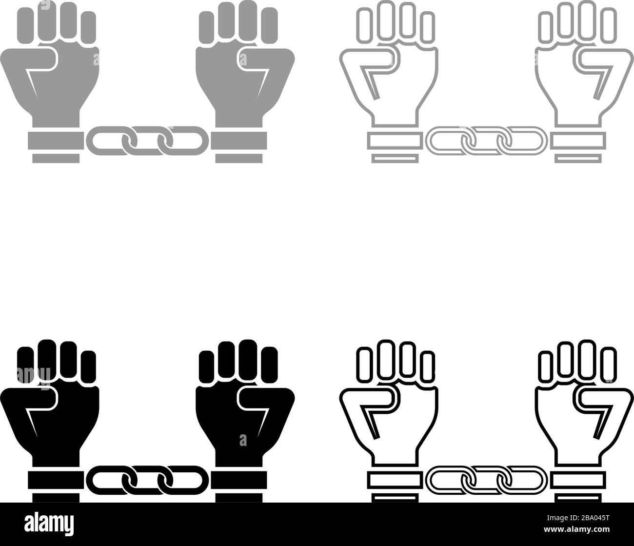 Handcuffed hands Chained human arms Prisoner concept Manacles on man Detention idea Fetters confine Shackles on person icon outline set black grey Stock Vector