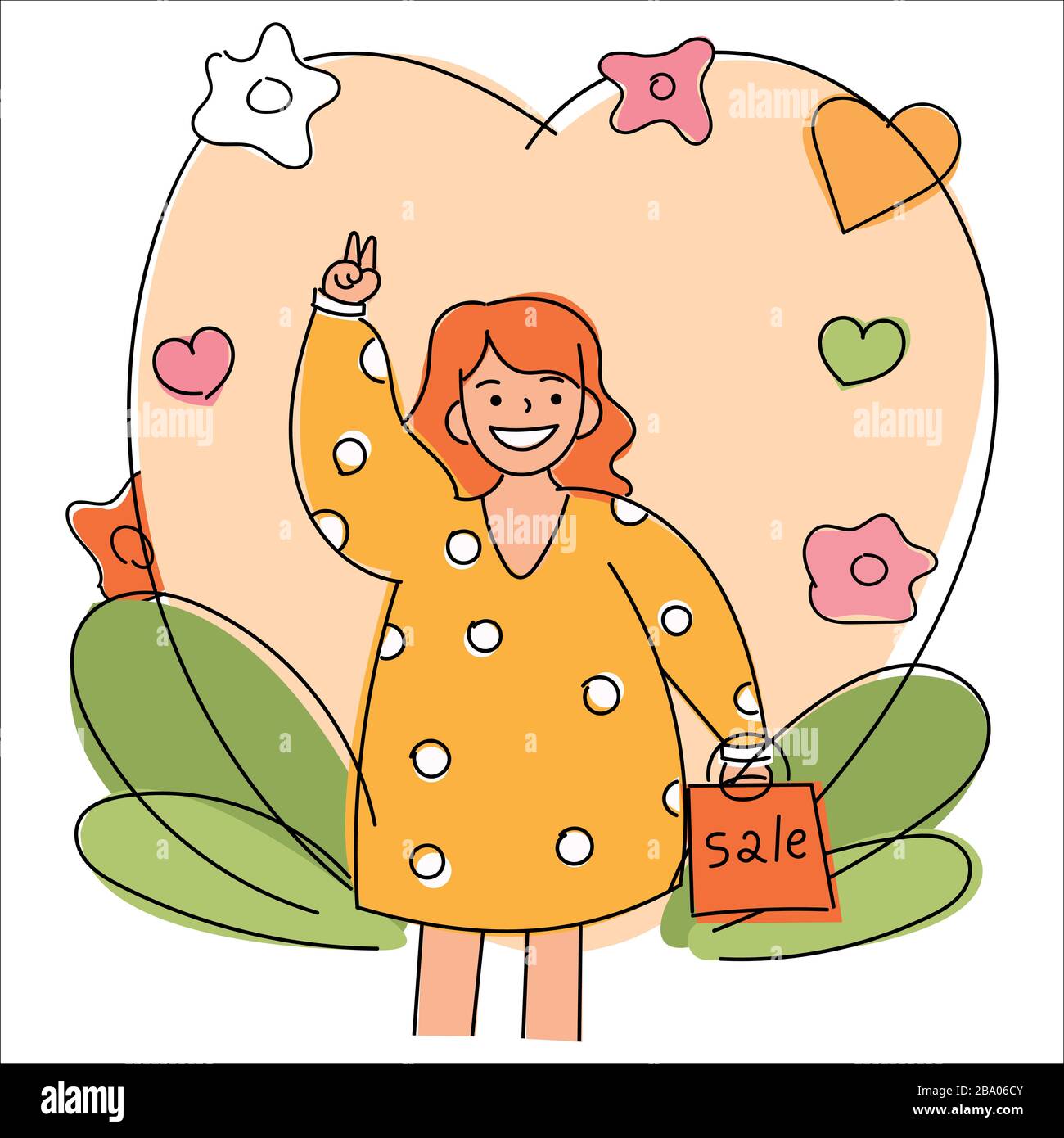 Happy shopper. The girl holds packages. Big Sale. Vector illustration of a flat design. isolated young caucasian girl waving her hand, greeting and Stock Vector
