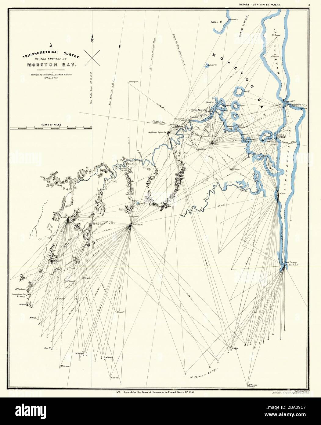 'English: A map showing the Trigonometrical Survey of the Country at Moreton Bay surveyed by Robert Dixon Assistant Surveyor 29th April 1840; 24 November 2004, 14:04:02; Error: title= and url= must be specified. Queensland Government (29 April 1840). Retrieved on 29 February 2020.; Robert Dixon; ' Stock Photo