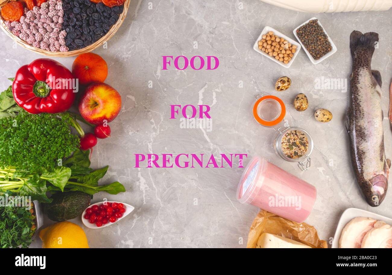 Pregnancy and nutrition foods pregnant diet, rich in vitamin, antioxidants, minerals, acids Stock Photo
