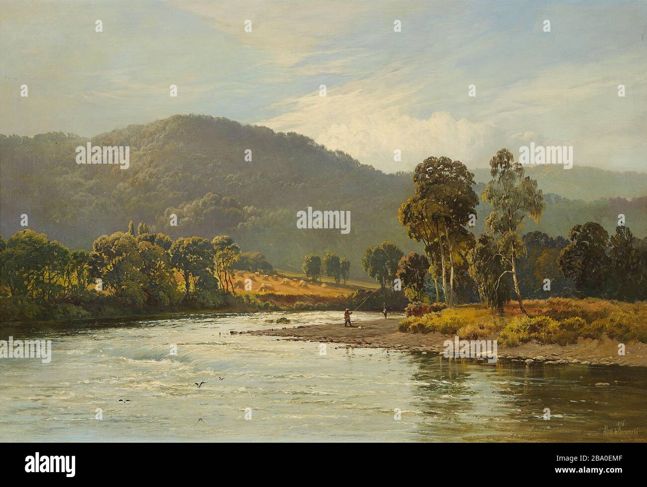 'Scottish summer landscape with anglerlabel QS:Len,Scottish summer landscape with angler label QS:Lde,Schottische Sommerlandschaft mit Angler; 1876date QS:P,+1876-00-00T00:00:00Z/9; ' Stock Photo