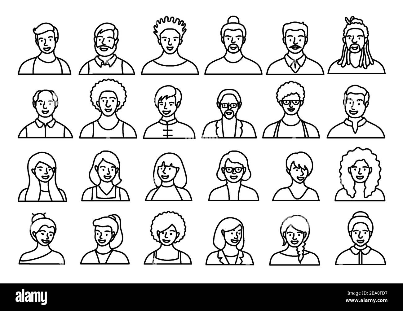 Contour set of persons, avatars, people heads of different ethnicity and age in flat style. Multi nationality social networks line people faces Stock Vector