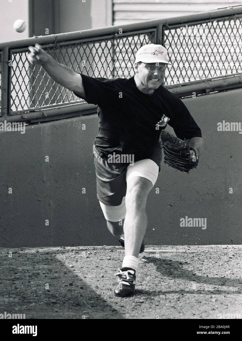 Red Sox pitcher Roger Clemens pracrices his pitching skills in the Red Sox bull pen during a day off at Fenway Park in Boston Ma USA exculsive photo by Bill Bellknap 1990’s Stock Photo