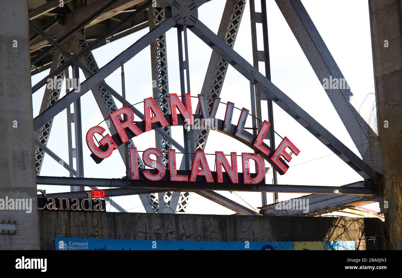 Vancouver, Canada - February 29, 2020: View of Sign 'Granville Island' in Vancouver Stock Photo