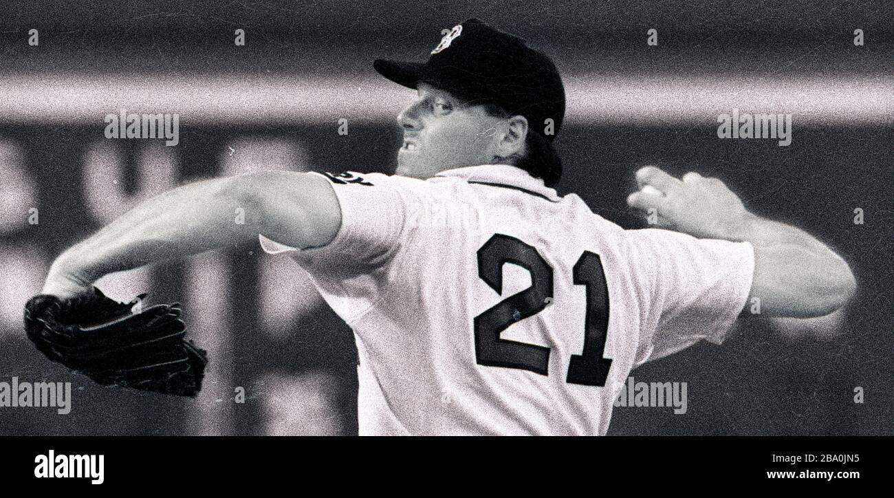 Boston Red Sox pitcher Roger Clemens pitching against the Chicago White Sox at Fenway Park in Boston Ma USA 1997  photo by bill belknap Stock Photo