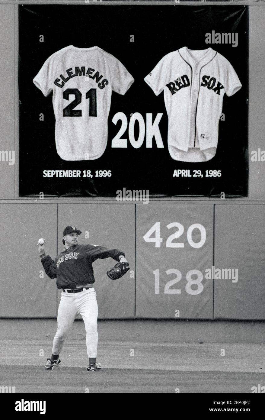 Boston Red Sox pitcher Roger Clemens throwing the ball in right field prior to a game  against the New York Yankees at Fenway Park in Boston Ma USA Sept 27, 1996  photo by bill belknap Stock Photo