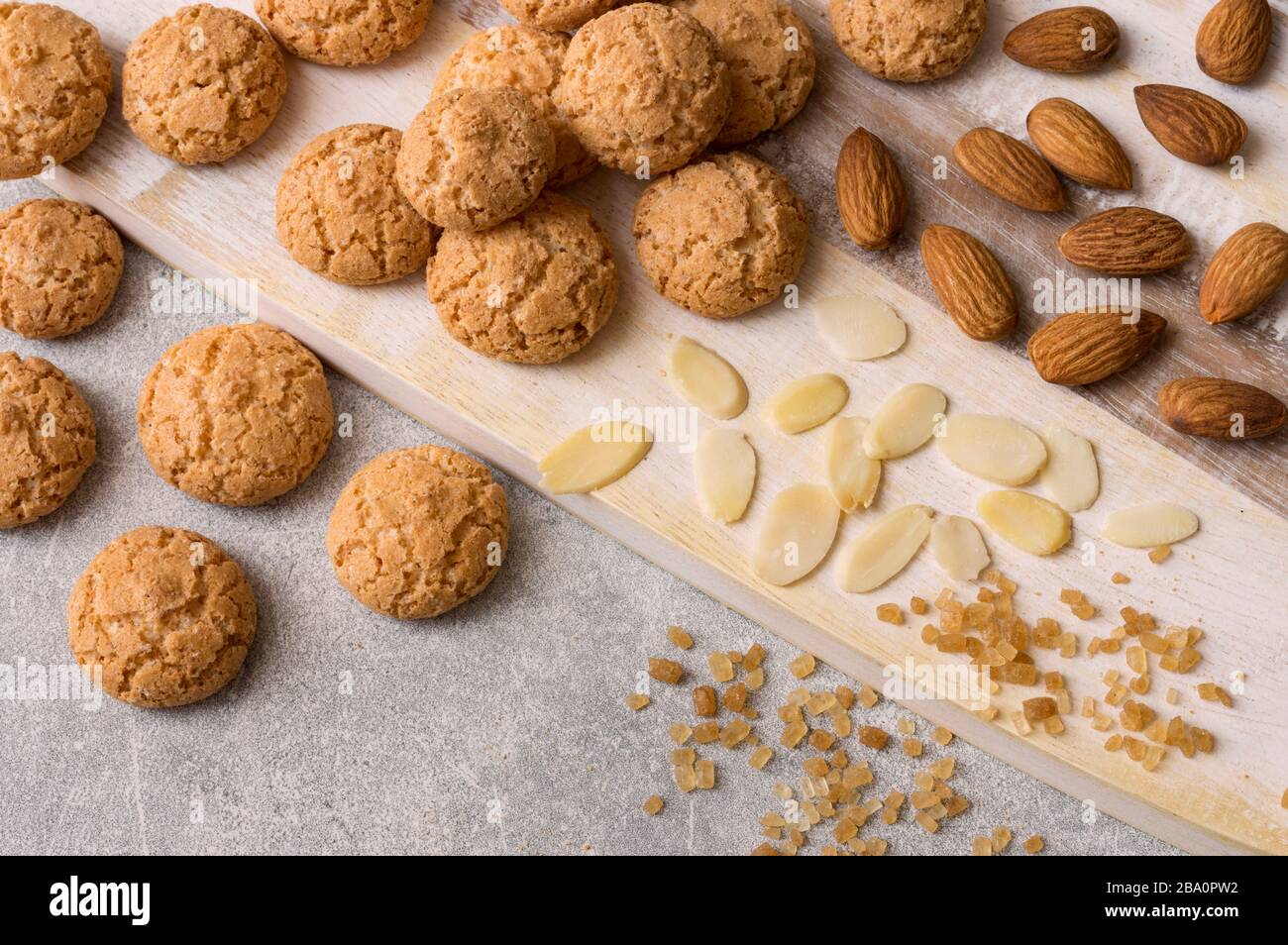 Italian amaretti biscuits. Crunchy almond cookies with sliced and whole