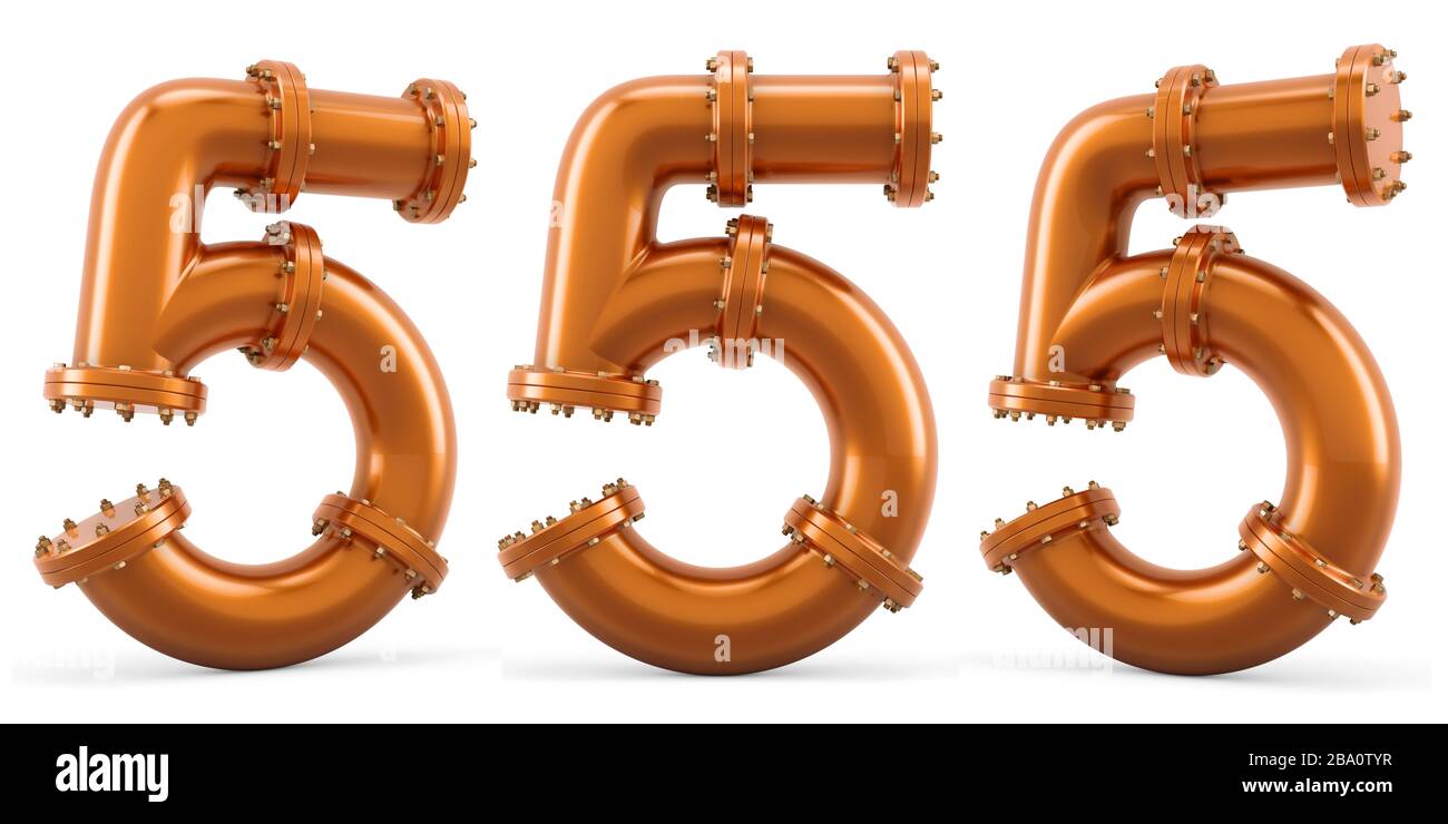 Number 5 from copper pipes, 3D rendering isolated on white background ...