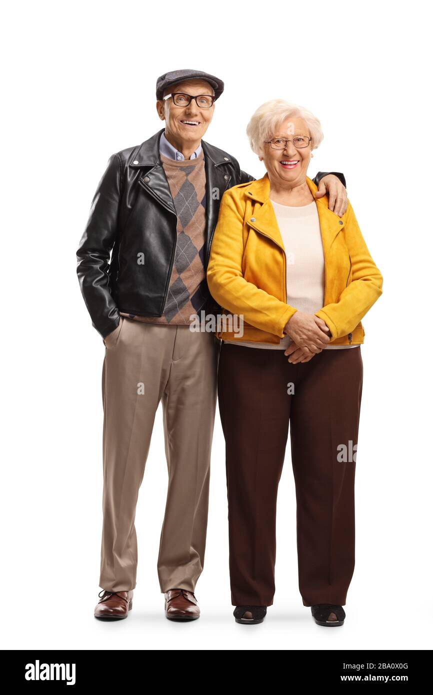 Full length portrait of a senior couple wearing leather jackets isolated on white background Stock Photo