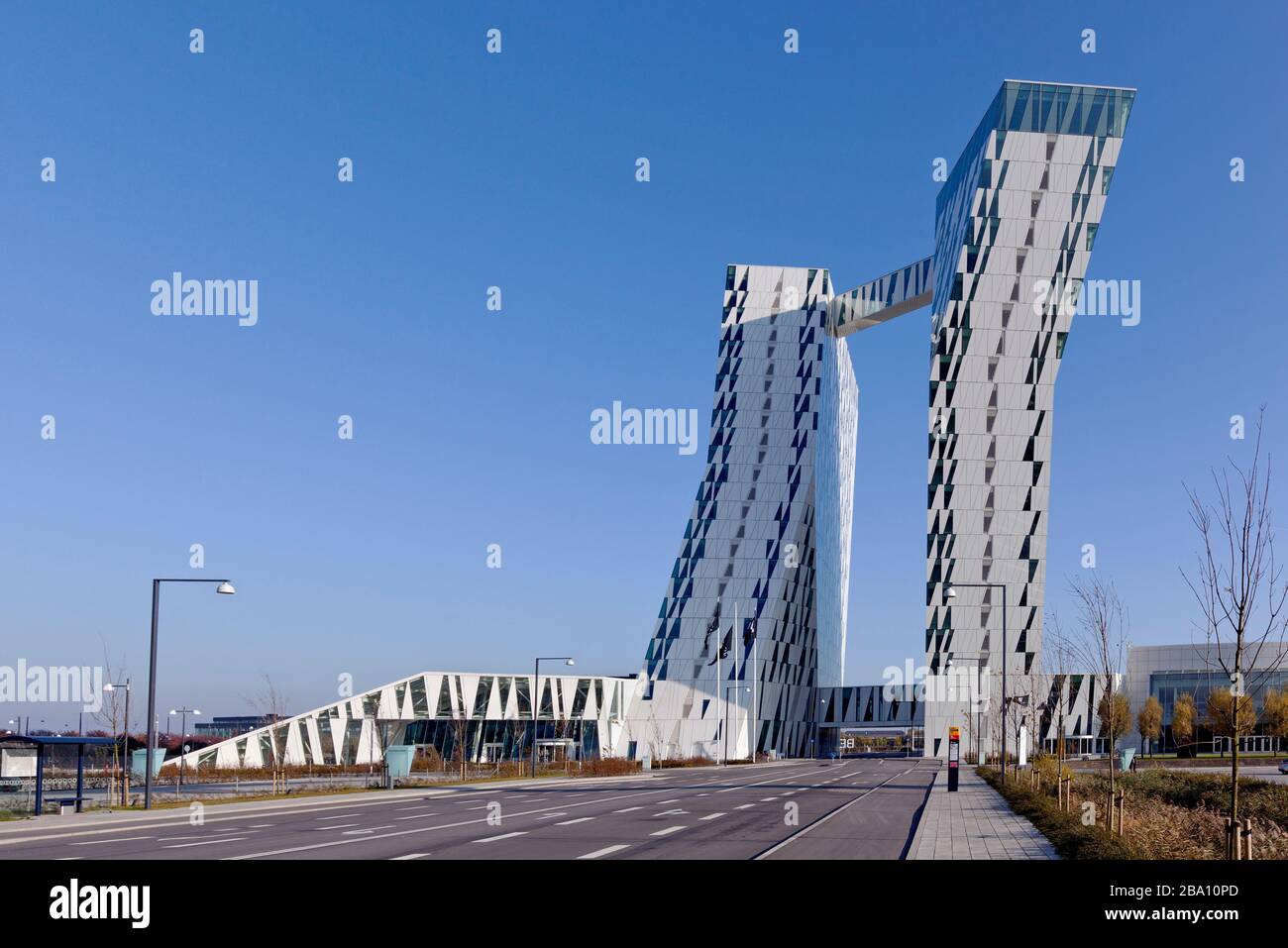 The Bella Sky Comwell Hotel at the Bella Center. Spectacular modern skyscrapers in Ørestaden, Copenhagen's newest neighbourhood Stock Photo