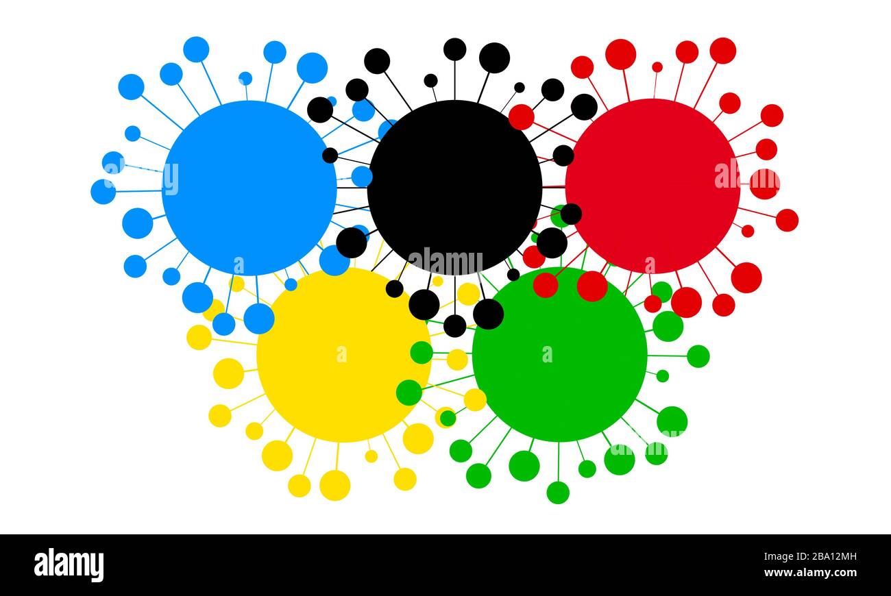 Conceptual design of the Olympic flag illustrating the incidence of the covid-19 coronavirus at the Tokyo 2020 Olympics. Stock Photo