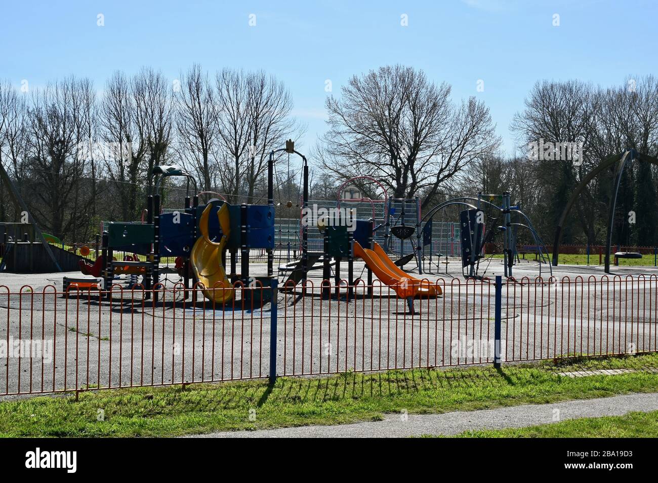 A playground is closed as the UK goes into lockdown due to the Corovirus Pandemic. Foots Cray Meadows, Sidcup, Kent. UK Stock Photo