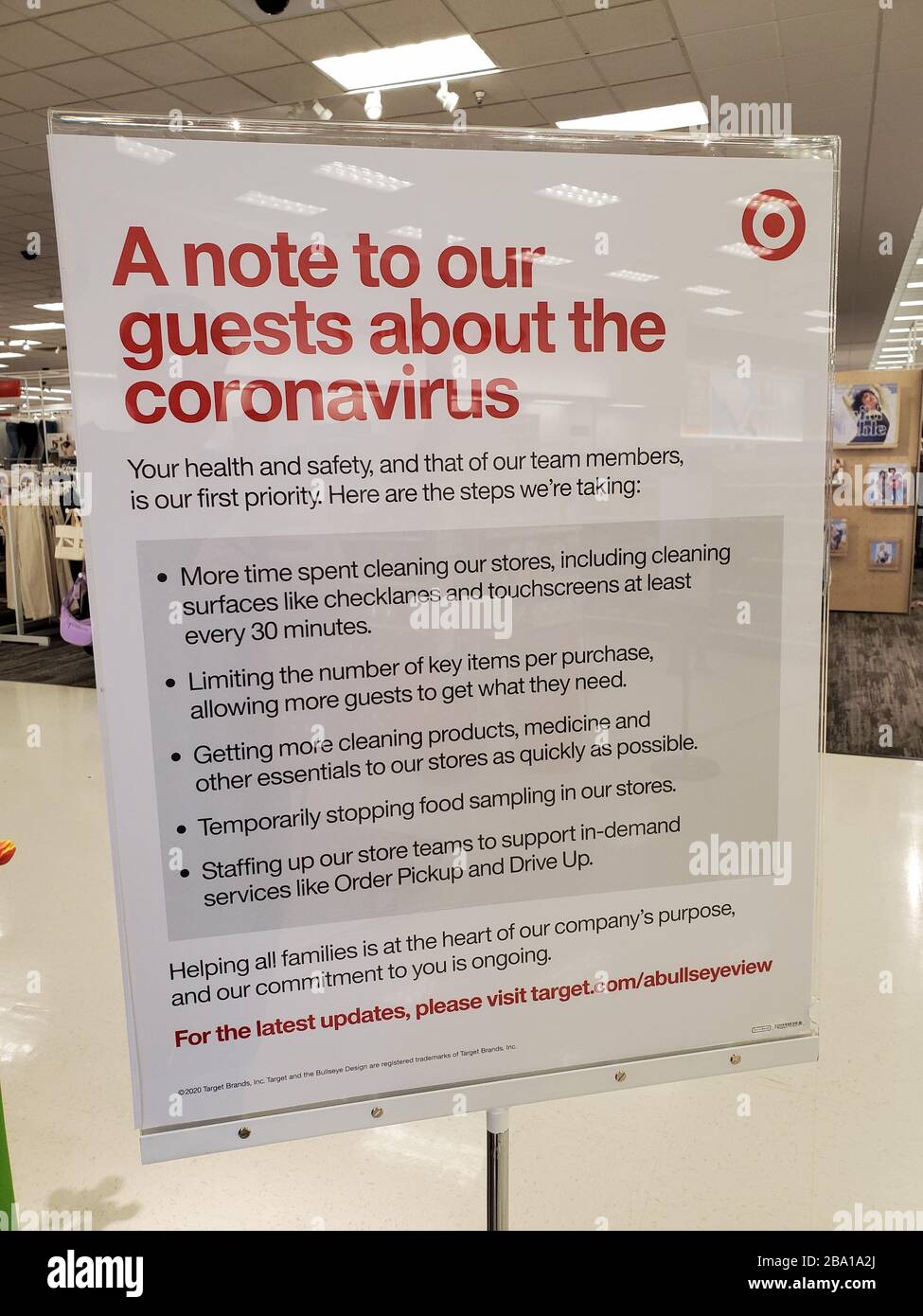 Sign at entrance of Target retail store informing guests about procedures during an outbreak of the COVID-19 coronavirus in San Ramon, California, March 19, 2020. () Stock Photo