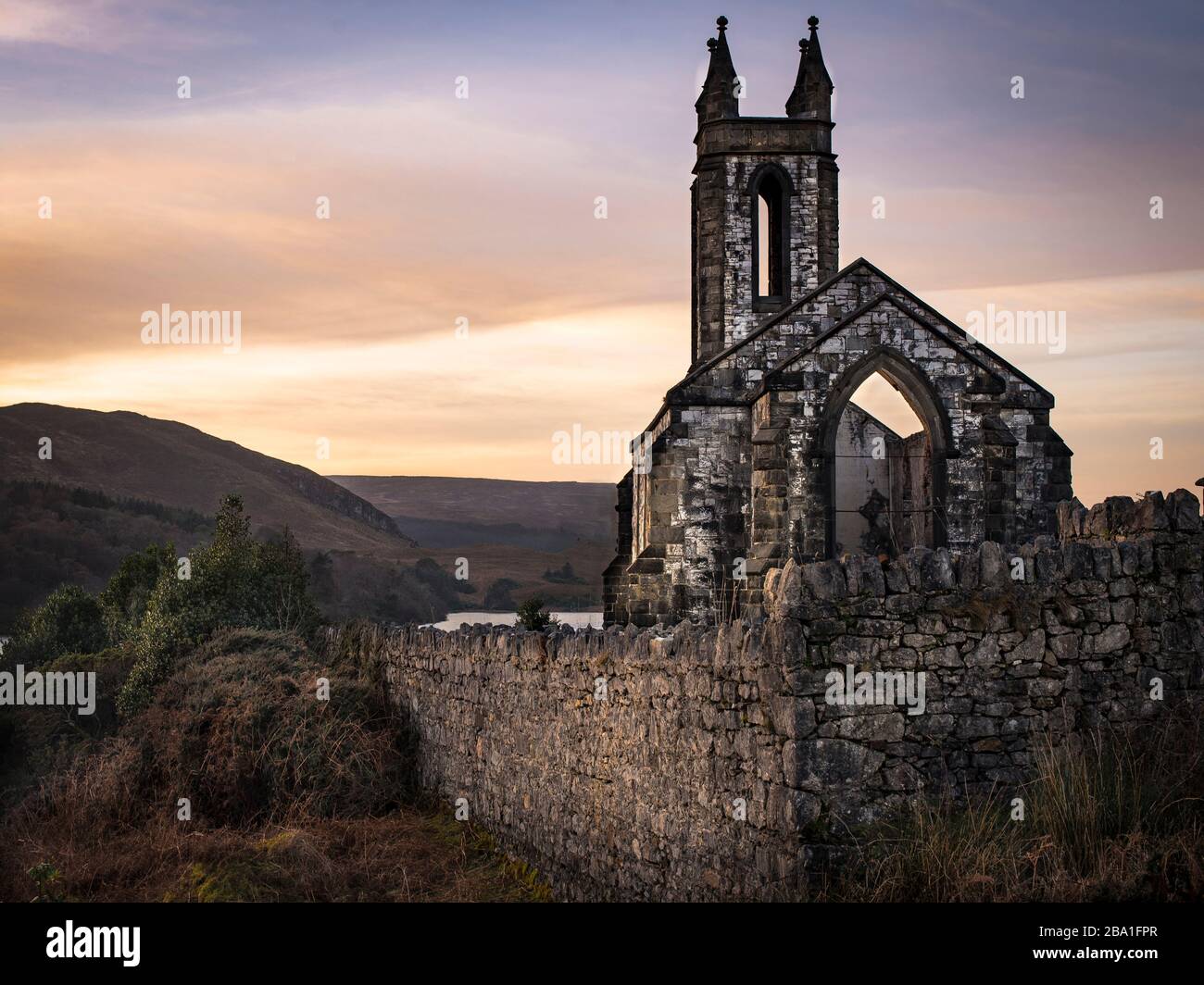 The historic ruins of Dunlewey Church located in west Donegal, Ireland,  An iconic beauty spot famous for its barren landscape and rich history. Stock Photo