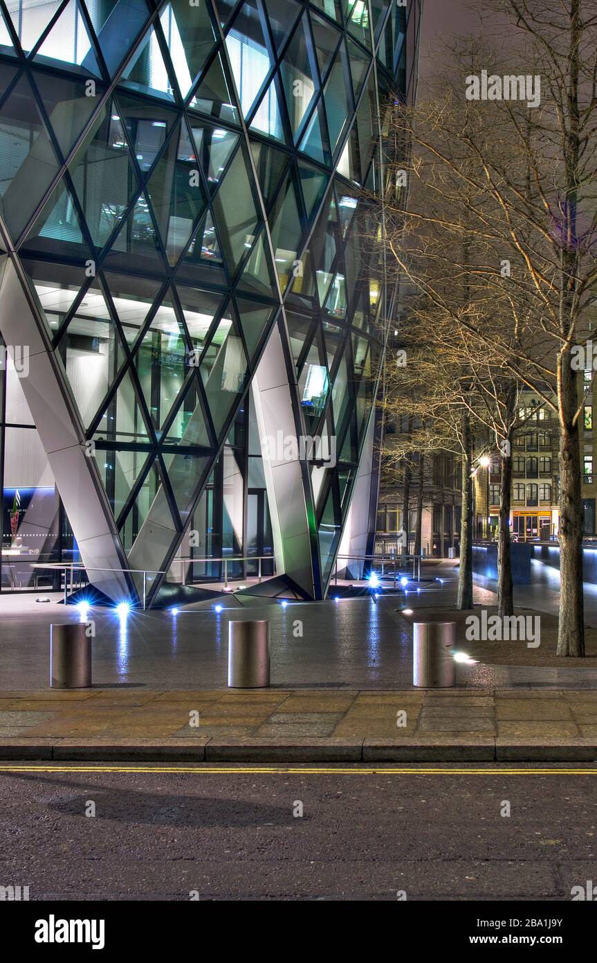 Entrance to Gherkin Tower at Night, London, England UK Stock Photo