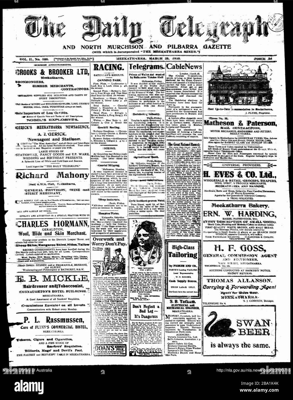 English: Front page of the first issue of The Daily Telegraph and North  Murchison and Pilbarra Gazette; 25 March 1920;  http://trove.nla.gov.au/ndp/del/home; National Library of Australia Stock  Photo - Alamy