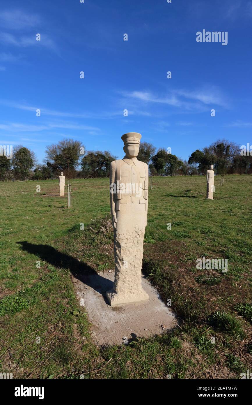 Carved Stone Soldier Sculptures at Langley Vale First World War Centenary Wood Surrey by sculptor Patrick Walls Stock Photo
